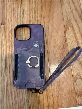 Iphone 16 pro max Purple Wristlet Phone Case with Gold Ring Grip and Card Pocket
